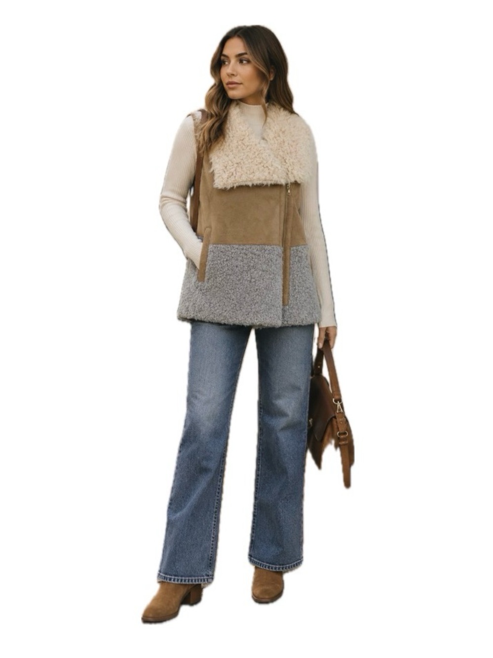 Athena Marie, Mixed Media Moto Vest – Faux Suede & Bouclé Sherpa Vest, Size M